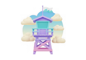 3d icon of 3d pastel lifeguard tower on a cloudy sky isolated on transparent background