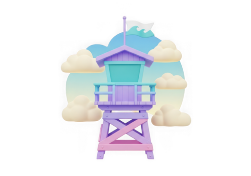 3d icon of 3d pastel lifeguard tower on a cloudy sky isolated on transparent background