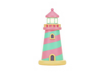3d icon of whimsical cartoon lighthouse with pink and green stripes isolated on transparent background