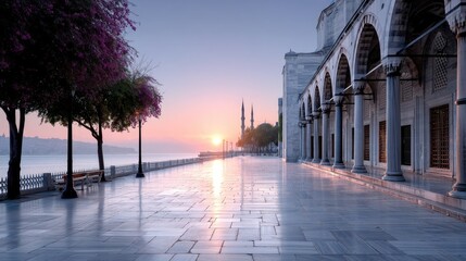 Scenic View of Blue Mosque Facade in Istanbul Turkey at Sunset with Pink Hues and Trees Lining the Pathway Along the Sea