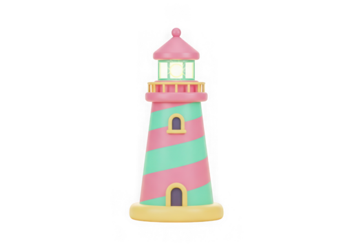 3d icon of whimsical cartoon lighthouse with pink and green stripes isolated on transparent background