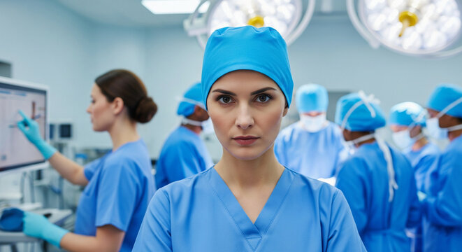 Focused female surgeon in scrubs with a medical team and operating room equipment blurred in the background