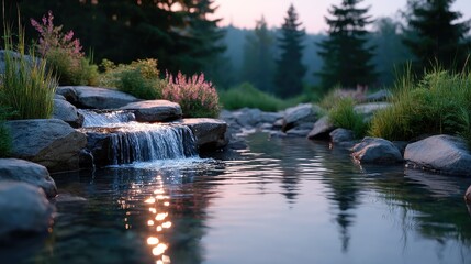 Scenic Waterfall Cascade Through Rocks with Lush Greenery at Dusk