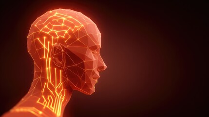 Naklejka premium Futuristic Human Figure with Abstract Geometric Lines in Neon Glow against Dark Background Representing Technology, Artificial Intelligence, and Digital Innovation