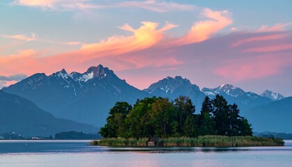 Serene sunset over island, mountains, and calm lake