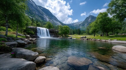 Scenic Waterfall Flowing into Tranquil Mountain Lake Surrounded by Green Trees and Rocky Landscape Under a Bright Sky
