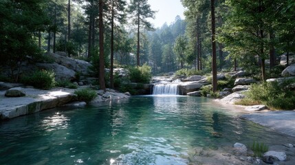 Scenic Waterfall Flows into Clear Turquoise Pool in Lush Green Forest with Sunlight Filtering Through Trees a Natural Landscape