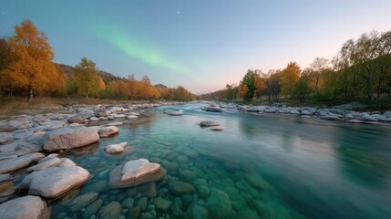 Scenic Waterfall Landscape with Northern Lights Aurora Sky and Autumn Foliage at Dusk Cinematic HDR