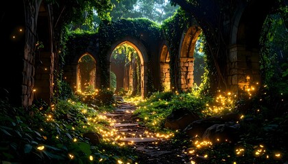 Enchanted Pathway Through Ancient Stone Arches with Glowing Lights