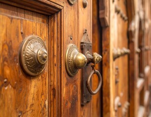 Fototapeta premium Ornate Wooden Doors with Antique Hardware Detail