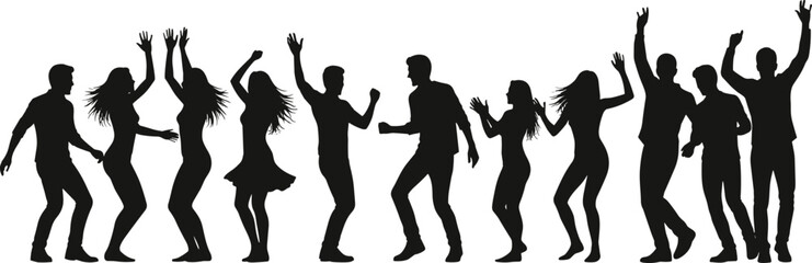 Silhouetted dancers in energetic motion, party celebration, diverse group dancing, expressive poses, black figures, festive rhythm, joyful movement, vector illustration, nightlife vibe