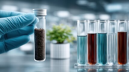 Scientist Hand Holding Vial of Black Soil Sample with Laboratory Test Tubes Filled with Colored Liquids