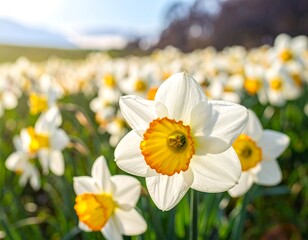 A field of daffodils in full bloom, bathed in sunlight