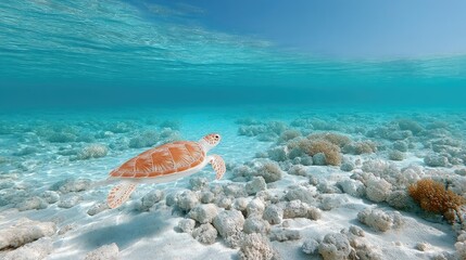 Sea Turtle Gliding Through Turquoise Ocean Waters With Soft Natural Lighting and Coral Reefs
