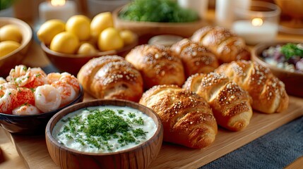 Seafood Platter with Golden Croissants Lemons and Dip on Wooden Board in Warm Light