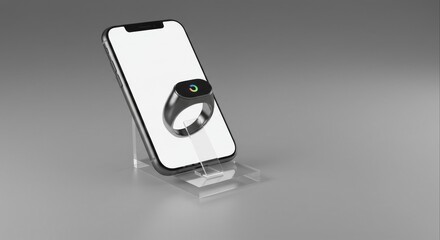 Monochrome 3D render of a smart ring with a smartphone mockup on a stand.