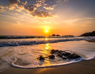 Serene sunset over ocean waves, rocks on sandy shore