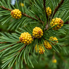 Close-up of male cones on a Scots pine (Pinus sylvestris) branch in early summer, Tatra forest, Slovakia. The tree is covered with yellow pollen cones and green needles