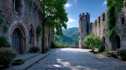 Medieval Castle Ruins with Stone Archway and Green Foliage Against a Hilly Landscape under a Bright Blue Sky