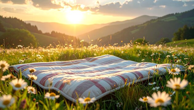 Sunset view over mountain meadow with blanket - Powered by Adobe