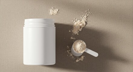 Top view of a white supplement container with a scoop of protein powder on a neutral background.