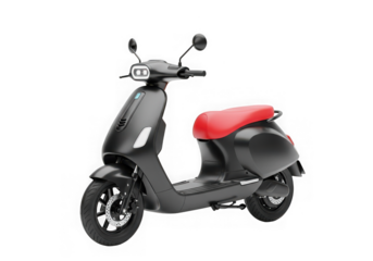 3d icon of black electric scooter with red seat isolated on transparent background