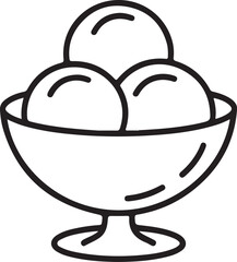 Simple black and white line drawing of three scoops of ice cream in a bowl