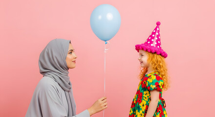 Muslim mother in hijab celebrating birthday with her daughter holding balloon against pink background