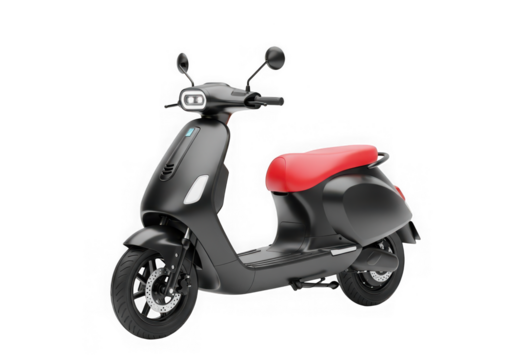 3d icon of black electric scooter with red seat isolated on transparent background