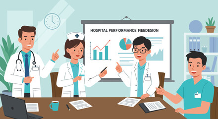 Medical team discussing hospital performance redesign in a meeting room.