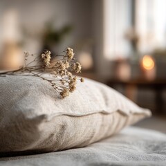 Obraz premium Soft Linen Pillow with Delicate Dried Flowers, Warm Natural Light, Cozy Interior.