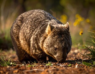 Fototapeta premium A common wombat foraging on the ground in a natural setting