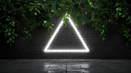 Neon Triangle on Brick Wall with Hanging Foliage