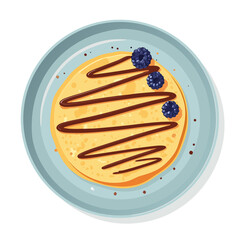 Delicious pancake with chocolate syrup and blueberries on a plate.
