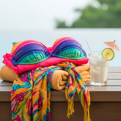 Bikini top and sarong neatly folded on towel beside a coconut drink in glass