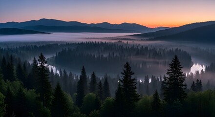 Fototapeta premium Misty Forest Landscape Serene Sunrise Over Rolling Hills and Pine Trees in Foggy Morning