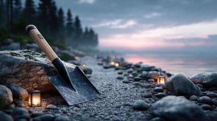 Metallic Shovel on Rocky Shoreline at Dusk with Lanterns and Forest Silhouettes