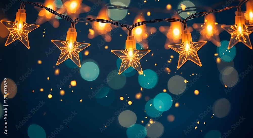 Wall mural string lights in the shape of stars illuminate a dark background with bokeh effect