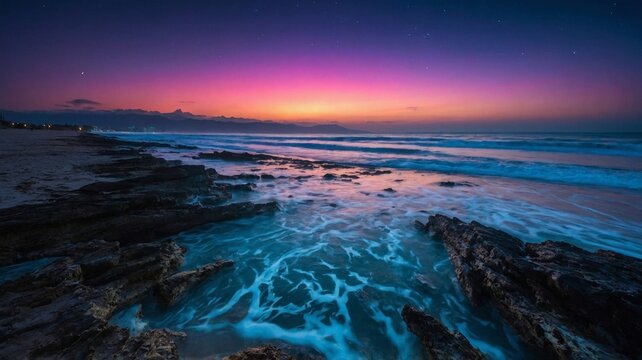 Ocean waves crashing on rocky shore at twilight with purple and pink sky