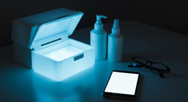 UV Sterilizer Box with Smartphone and Sanitizer Bottles in a Dark Room. - Powered by Adobe