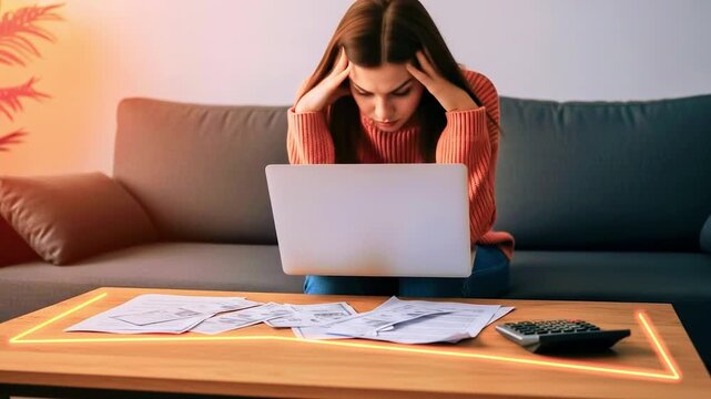 Young woman stressed over finances while working on a laptop at home, papers scattered on the table