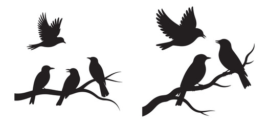 Bird Silhouettes on Branches and in Flight