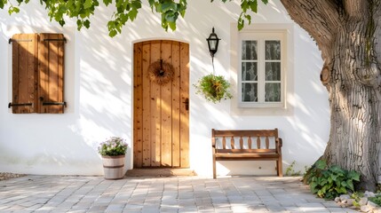 Fototapeta premium Traditional house exterior with rustic wooden door and shutter