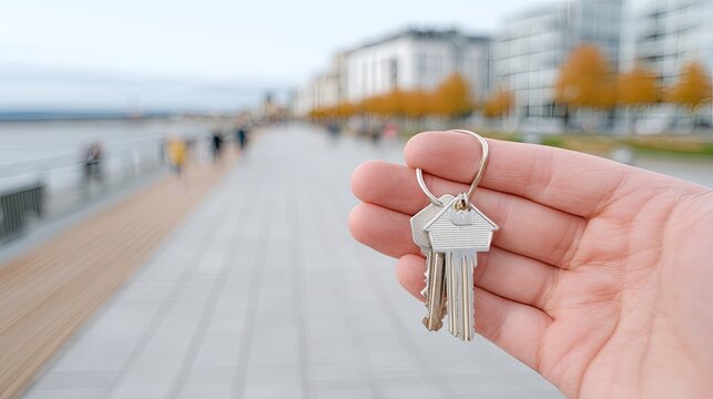 Silver House Key Held in Hand Against Blurred Waterfront View of Cityscape on Overcast Day Realty Ownership Concept Photo - Powered by Adobe