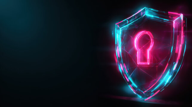 Neon shield cyber security glowing lock digital protection data safety network defense futuristic hologram blue pink abstract tech Neon shield