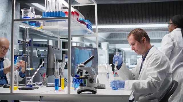 Professional chemistry scientist works in biolab with pipette and jar, preparing chemical mixture. Laboratory procedure emphasizes molecular biology and bioengineering in research. Camera A.