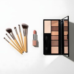Flat lay: makeup palette, brushes, lipstick, minimalist style, clean white background, soft lighting.