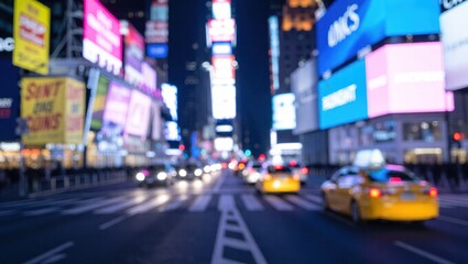 Obraz premium Blurred Times Square at Night with Yellow Taxis and Bright Billb