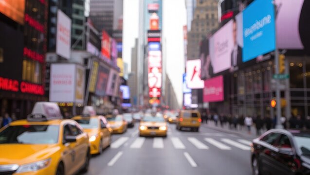 Blurred Times Square street view with yellow cabs and bright bil