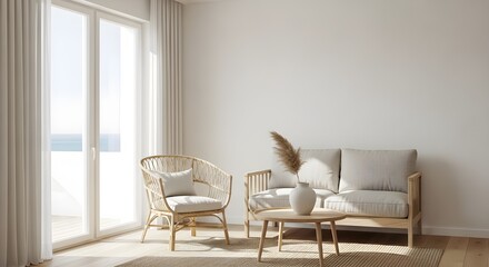 Minimalist coastal living room, whitewashed walls, wicker chair, linen sofa, sunlight entering through large sliding glass doors to terrace.
